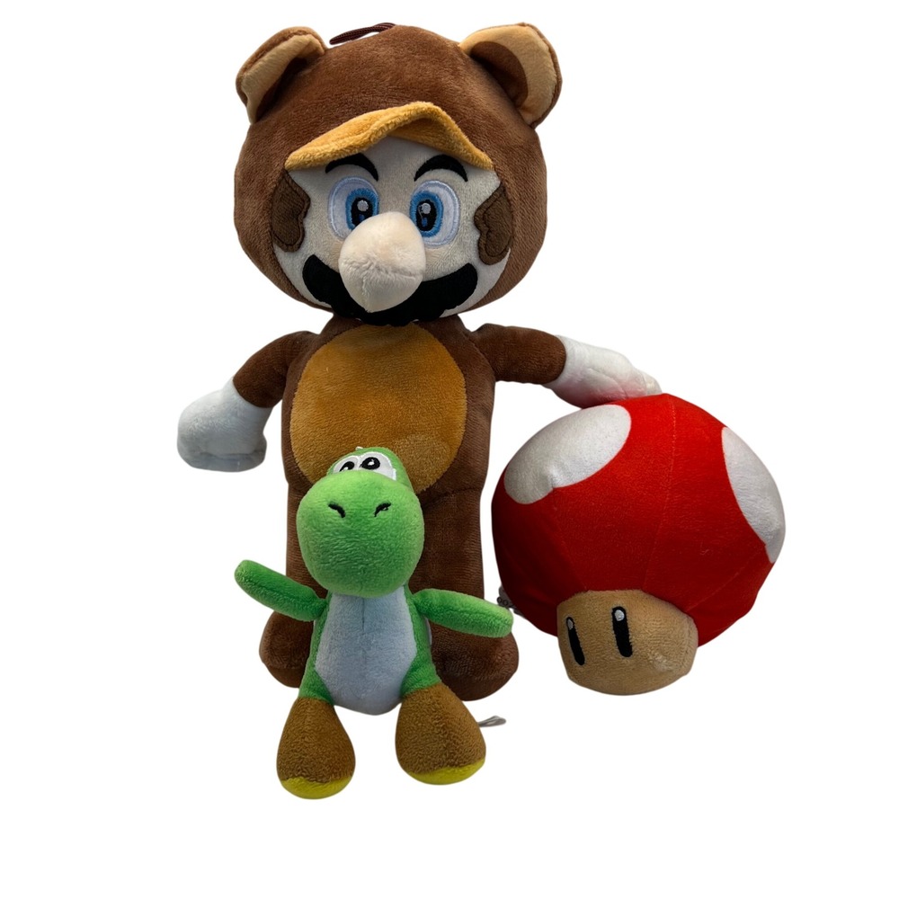 Super Mario Bros Plush Lot Tanooki Mario Yoshi Mushroom Nintendo Switch Wii